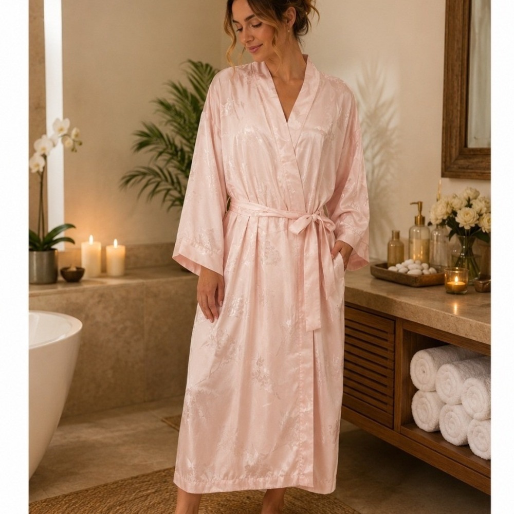 Floral Jacquard‎ Satin Kimono Robe Womens XL Pink Long Belted Pocket
